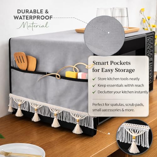 Image of Microwave Oven Cover with Tassel Lace - Waterproof Dustproof Polyester Top Cover for Kitchen with 4 Side Pockets, Modern Design, Grey (100 x 35 cm)