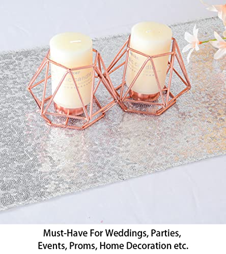 ShinyBeauty Sequin Table Runner 12x108 Inch Silver, Roll-Up Wedding Party Decor - Sparkling Holiday Banquet Tablecloth (Wholesale)​ - Thumbnail 5
