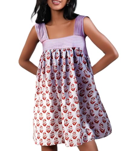 Image of Women Floral Tie Shoulder Mini Dress Cute Square Neck Loose Fit Beach Short Dress Backless Boho Vocation Sundress