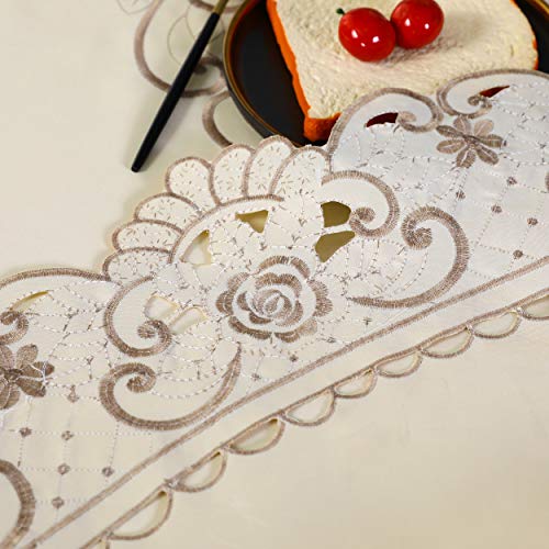 Brown Flower Embroidered Lace Dark White Cream Tablecloth Round #TOP4