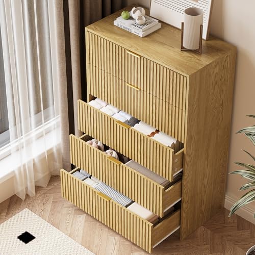 Image of MAISONARIA 47 inch Tall Fluted 5-Drawer Dresser for Bedroom, Natural