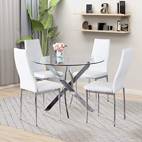 NIERN Round Tempered Glass Dining Table Set for 4, 5-Piece Modern Kitchen Table Set with 4 High-Back Upholstered Chair for Kitchen Dining Room (Sliver Table with White Chairs)
