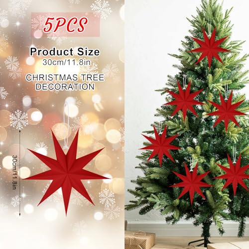Image of 5 PCS 12 Inch Red Paper Star Lanterns - Modern Hanging Ornaments for Christmas & Home Decor