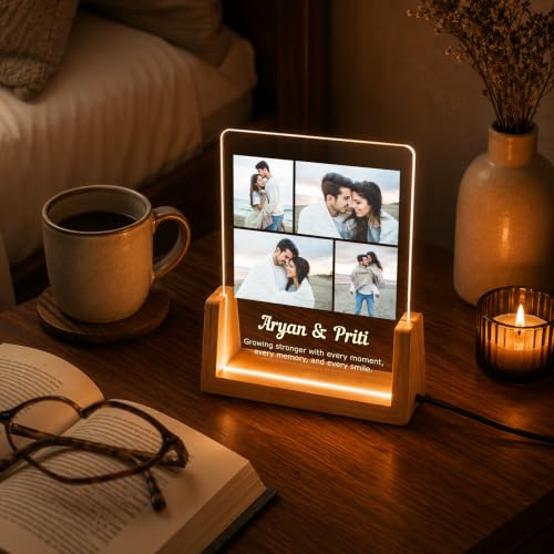 Image of Giftplease Personalized LED Acrylic Photo Frame with Custom Photos & Names | Engraved Acrylic Picture Lamp | Wooden Base | USB Warm LED Night Light | Anniversary, Wedding, Birthday, Couple, Family