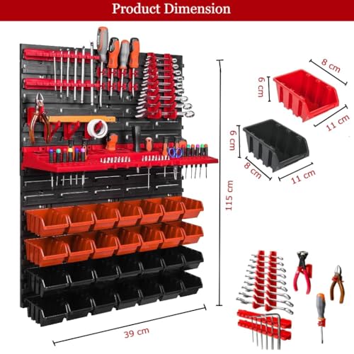 Image of Hukimoyo 28 Bins Wall Mounted Screw Organizer Storage With Screw Holder Set Garage Organizer Bins Plastic Parts Rack Container For Screws, Bolts, Nuts With Pegboard (Red (28 Bins))