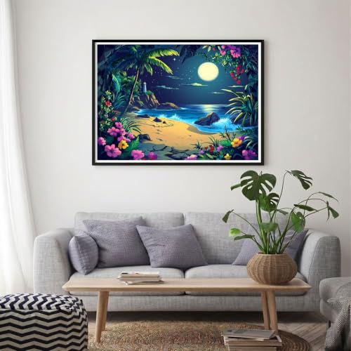 Broderie diamant 5D grand tableau lune et plage au rendu éclatant