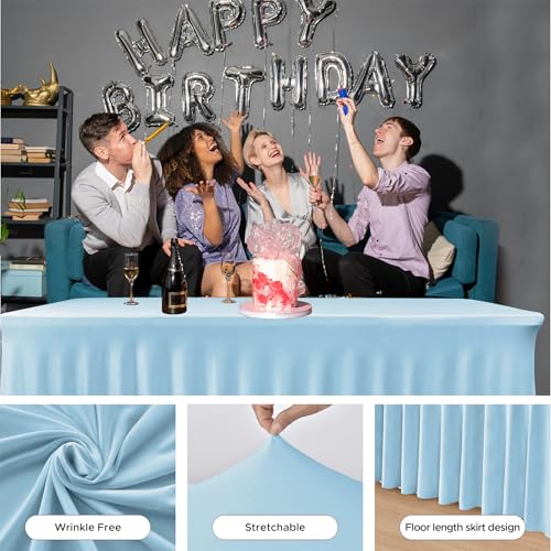 Image of HolidayIdeas 6 Pack 6ft Spandex Table Covers for Baby Shower, Fitted Stretch Table Skirts 30x72 Inch, Wrinkle-Free Floor Length Tablecloths for Weddings, Banquets Events, Baby Blue