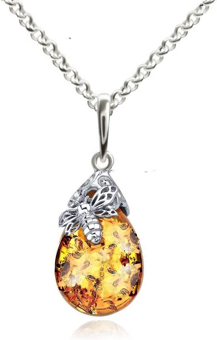 Ian and Valeri Co. Amber Sterling Silver Honey Bee Tear Drop Pendant Necklace 18 inch