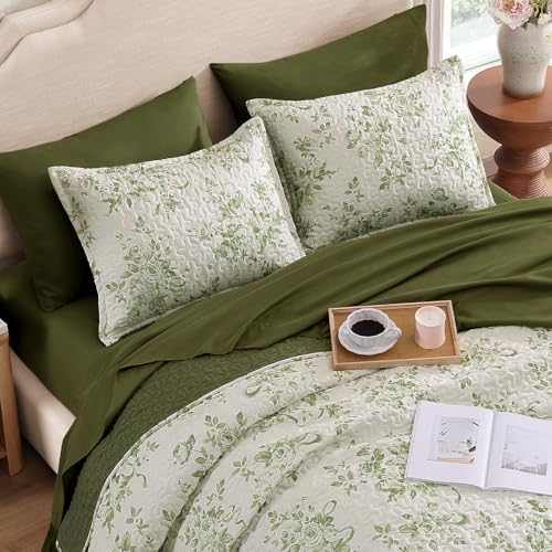 Image of Andency Quilt Twin Size, Sage Green Flower Bedspread Twin Size, 3 Pieces Soft Bedding Set for Women Teen Girls, Lightweight Coverlet Set for All Season with 2 Pillowcases (68 inchx86 inch)