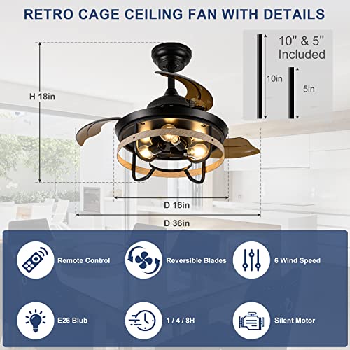 Farmhouse Ceiling Fan With Light And Remote, 36" Bladeless Low Profile Flush Mount Ceiling Fans With Remote Control, Small Industrial Caged Retractable Ceiling Fan For Bedroom Kitchen Living Room #TOP6