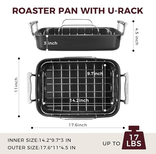 Image of HONGBAKE Roasting Pan with Rack, 17.6x11 Inch Nonstick Roaster Pan for 17 lb Turkey, Chicken and Lasagna, Deep Turkey Pan for Oven, Heavy Duty Oven Roaster Tray, Wider Handles, Gray