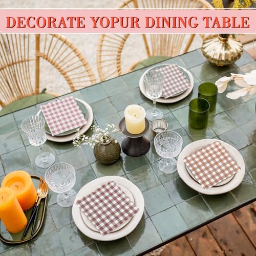 Dinifee 240 Pcs Scalloped Cocktail Napkins Bulk 5 x 5 Inch Gingham Plaid Paper Napkins Disposable Gradient Color Decorative for Wedding Birthday Bridal Anniversary Party Supplies (Brown and Pink) by Dinifee - Image 7