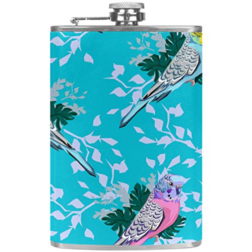 Petaca de cuero con embudo para camping, pesca, barbacoa, fiesta, bar, bebederos, botella de vino, color amarillo rosa, loros, periquitos, hojas azules