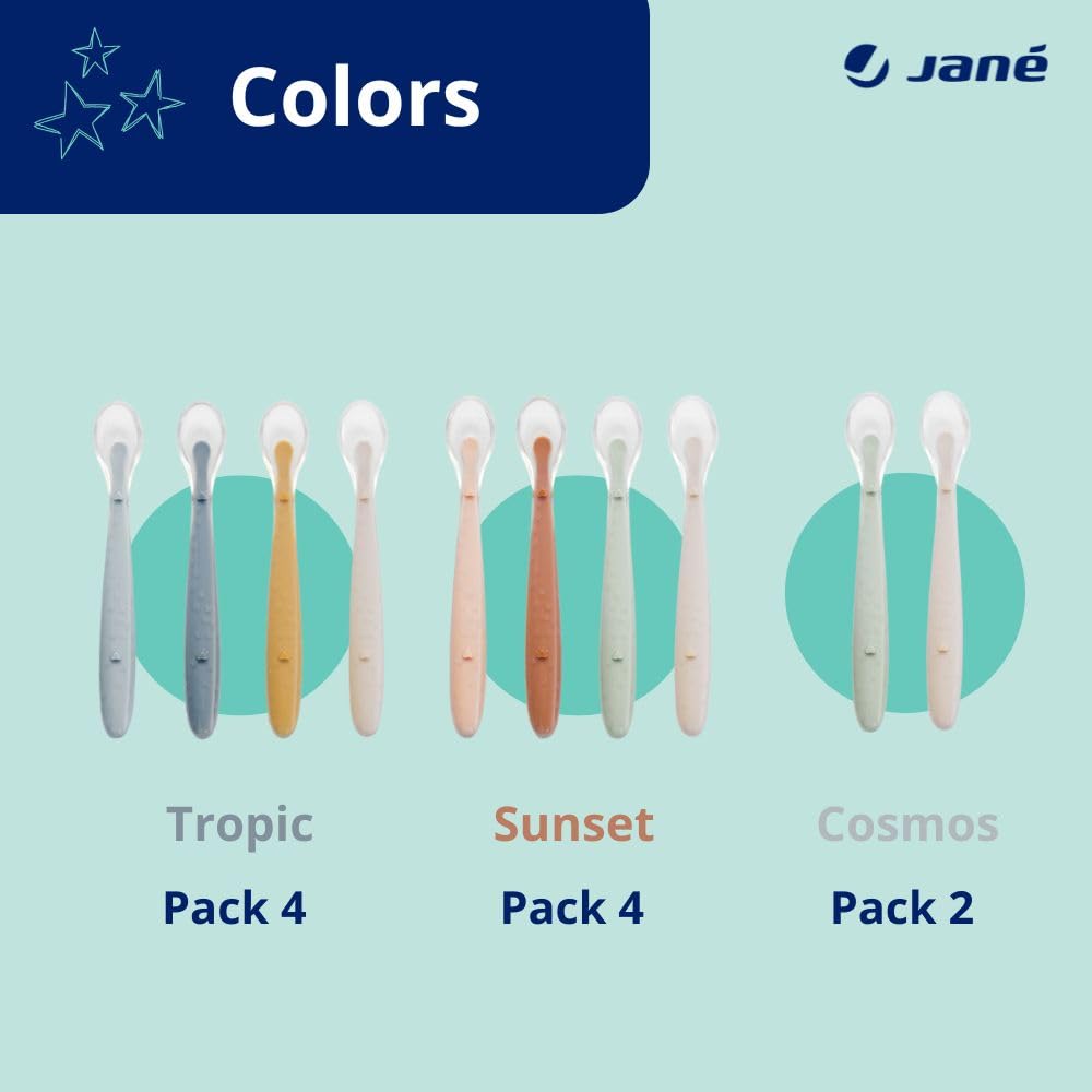 Jané Lot de 4 Cuillères en Silicone pour Bébé et Enfant, Souple, Bout arrondi, Sans BPA, Lavable au lave-vaisselle, Colour Sunset
