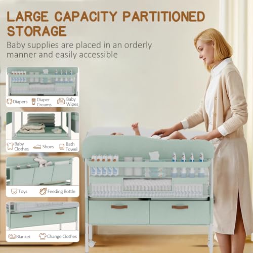 Image of Diaper Changing Station, Portable Changing Table for Baby, Diaper Changing Table with Storage Drawers, Waterproof Baby Changing Station with Wheels and Adjustable Height for Newborn Infant (Green)