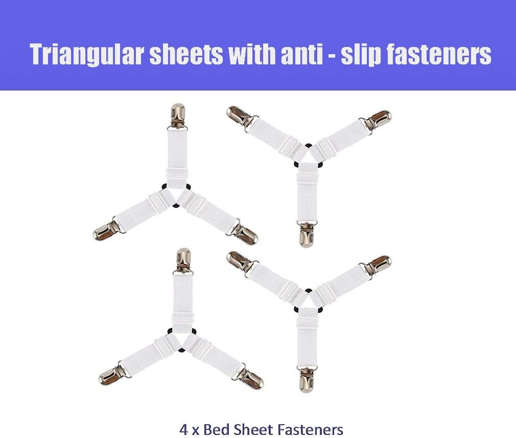 Bed Sheet Holder Straps, Adjustable Elastic Bed Sheet Fasteners and 3 Way Mattress Cover Holder Fasteners ,The Triangle Sheet Clips Keeping Sheets Place for Bed and not Wrinkled,White (4 PCS)