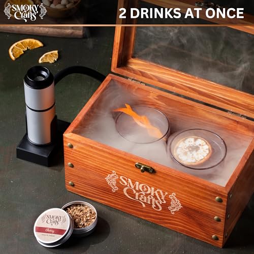 Smoky Crafts Whiskey Smoker Kit with Updated Smoke Gun, Cocktail Smoke Box, Food Tray and Apple & Cherry Wood Chips - Old Fashioned Drink...