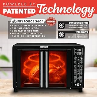 Gourmia French Door Air Fryer – 25 Qt Large Capacity Convection Oven, Fryforce 360°, Digital Display with 17 Cooking Presets, Bake, Toast, Roast, Dehydrate, Fits 12” Pizza