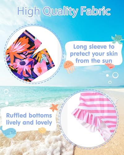 Image of XFGIRLS Girls 2-Piece Swimsuit Long Sleeve Rash Guard Set Toddler 6M-8Y | UPF 50+ blocks 98% UV, Quick-dry, Easy on /off, Bright colors stand out, Machine wash, Breathable, Beach, swim, water park
