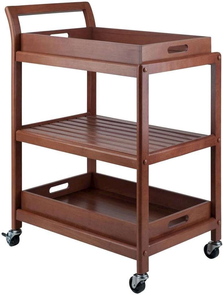 Solid Wood Kitchen Cart On Wheels with Two Removable Serving Trays, Slatted Shelf, and Locking Casters, Versatile Bar Cart
