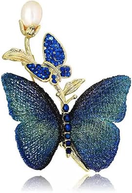 Blue CZ Crystal Butterfly Embroidered Wing Brooch for Women Girls Exquisite Pearl Flower Badge Corsage Lapel Pins Elegant Dress Accessories Wedding Birthday Jewelry Gift Mothers Day