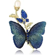 Blue CZ Crystal Butterfly Embroidered Wing Brooch for Women Girls Exquisite Pearl Flower Badge Corsage Lapel Pins Elegant Dress Accessories Wedding Birthday Jewelry Gift Mothers Day