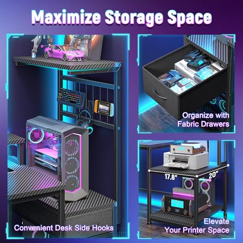 Image of DurayLoly 63 inch Gaming Desk with LED Lights & Outlets,Computer Desk with Drawers & Monitor Stand,Gaming Table with 3 Storage Shelves, Hooks& Printer Space for Game&Study Room,Home Office,Bedroom,Black