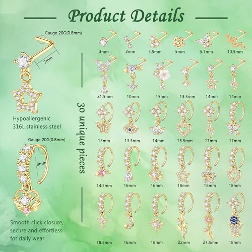 SONNYX 30Pcs 20G Dangle Nose Rings L Shaped Nose Studs Hoops for Women Copper Dangly Nose Rings CZ Flower Star Butterfly Heart Silver Gold Nose Piercing Jewelry3