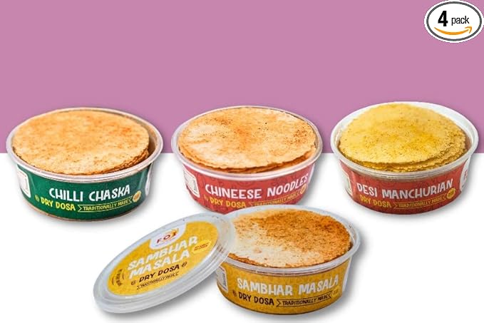 FOI Flavours of India Dry Dosa Khakra Combo (Chilli Chaska, Chineese Noodles, Sambhar Masala, Desi Manchurian) | Ready Meal, Instant Snacks (100gm Each, Set of 4)