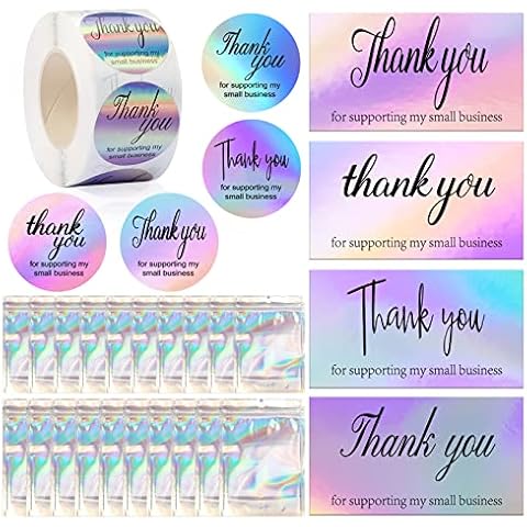 620PCS Thank You Cards and Stickers Set, Holographic Silver Thank You Business Card 500 Piece 1.5 inch Thank You Roll Labels 20PCS Smell Proof Mylar Bags for Business Owners Cover