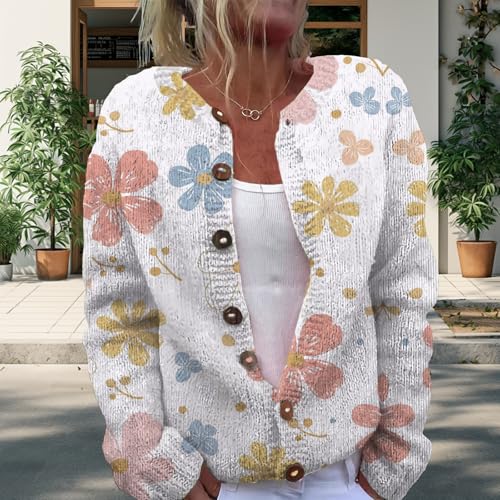 Floral Print Cardigan Sweater for Women 2024 Oversized Button Up Vintage Cable Knit Fuzzy Cute Cotton Chunky Long Sleeve Y2k Casual Sweaters Plus Size Fall Winter Coat Tops Outfits,L