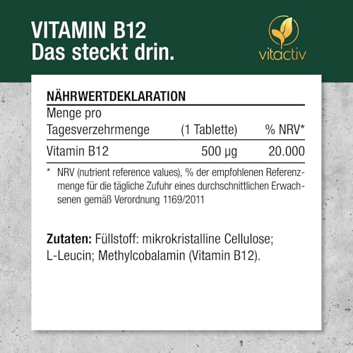 VITACTIV Vitamin B12 Tabletten Hochdosiert - 180 Stk für 180 Tage - Bioaktives Methylcolabamin, Vitamin B12 500µg - Hohe Bioverfügbarkeit, Vegan, kein Magnesiumstearat, Laborgeprüft in Deutschland