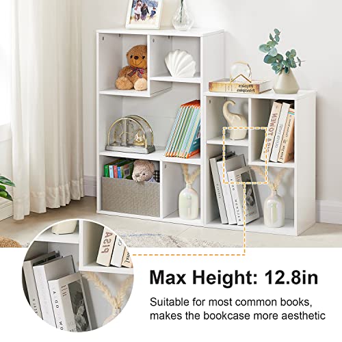 Vecelo 3 Cube Bookcase Sets Of 2, Small Bookshelf With Height Difference Shelves For Common Books, 4-Tier 7 Cubes Book Case Storage Organizer Freestanding,White #TOP3