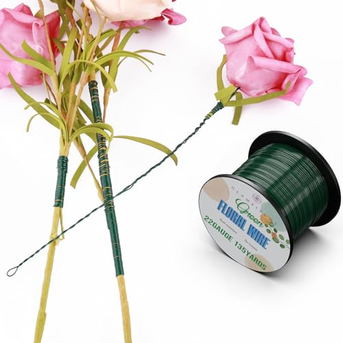 22 Gauge Floral Wire, GLAMFIELDS 135 Yards Christmas Wire Wreath Wire Green Flexible Paddle Florist Wire for Flower, Crafts, Christmas Wreaths Tree, Wreath Frame, Garland, and Floral Arrangements
