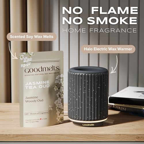Image of Halo Wax Melting Starter Kit - Ceramic Aroma Diffuser with 1 Warmer & 3 Scented Soy Melts (180+ Hours Scent Time) - Safe, Smoke-Free, Natural Fragrance for Home (Midnight, Aromatherapy)