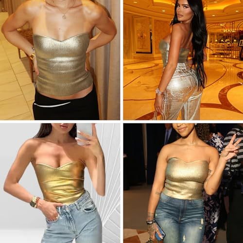 Women's Metallic Silver Tube Top Strapless Crop Top Sexy Sleeveless Ribbed Knit Bandeau Top Bustier Concert Outfit2