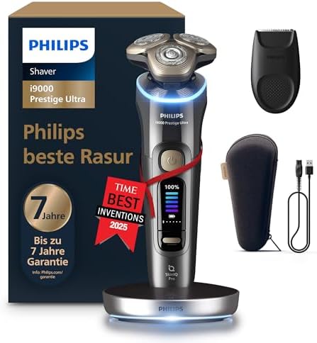 Philips Rasierer i9000 Prestige Ultra, elektrischer Nass- und Trockenrasierer für Herren, dunkelgrau, Druck- und Bewegungssensor, Trimmeraufsatz, Ladestation und Reiseetui (Modell XP9402/11)