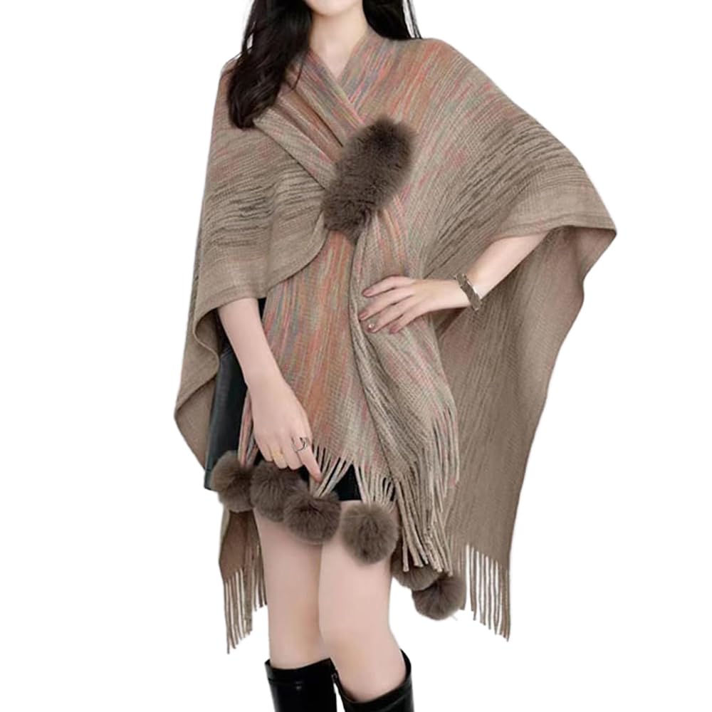 Women's Sweater Poncho Cape Coat Open Front Color Gradient Blanket Shawls and Wraps with Tassels Pompoms