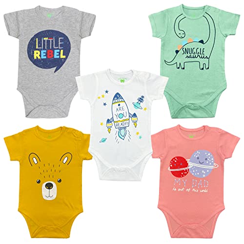 Image of YUV Baby Boy's and Girl's Pack of 5 Multi-Coloured Half Sleeve 100% Cotton Printed Onesie /Romper - 0 to 12 Months