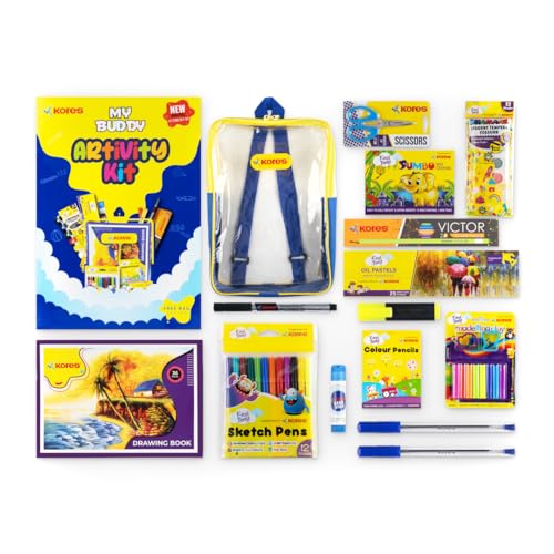 Image of Kores Creative Artivity Kit | 13-in-1 Back to School Art & Craft Stationery Set | Transparent Zipper Pouch | Ideal Gift for Kids | DIY Activity Kit | Safe & Non-Toxic | Ages 3+