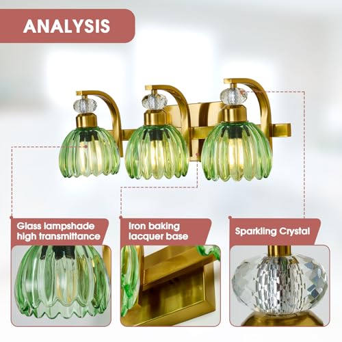 Image of Vintage Bathroom Vanity Light Fixture 3 Lights Gold Bathroom Lighting with Green Glass Shade Mid Century Vanity Light Over Mirror for Kitchen Bedroom Living Room Farmhouse