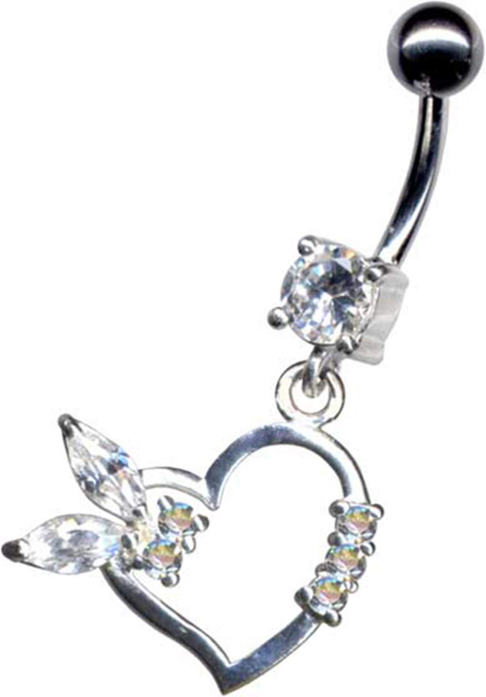 Körperschmuck Piercing para el ombligo, plata de ley 925 y cristal de circonita, acero quirúrgico 316L, acero inoxidable bananabell, 10 mm, piercing para el ombligo con forma de corazón, mariposa y mariposa, color