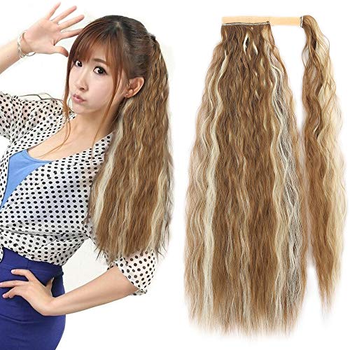 NAYOO Long Corn Wave Ponytail Extension 22 inch Magic Paste Ponytail Heat Resistant Wavy Curly Synthetic Wrap Around Ponytail Hairpiece for Women Girls Lady (27/613#)