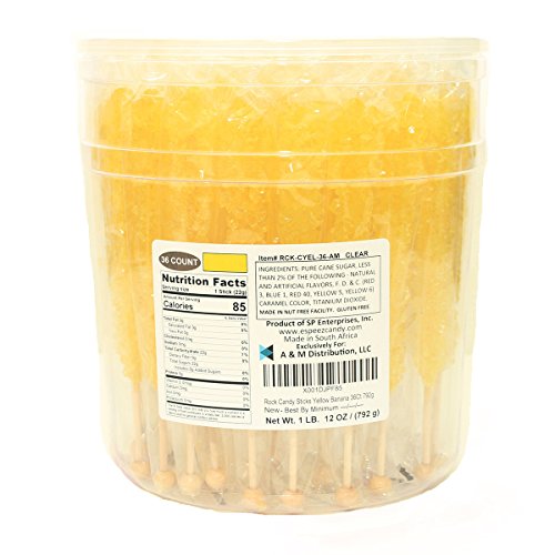 Extra Large Rock Candy Sticks: 36 Yellow Crystal Rock Candy Sticks - Banana - Individually Wrapped For Party Favors, Candy Buffet, Showers, Receptions, Old Fashioned Espeez Bulk Candy On A Stick #TOP1