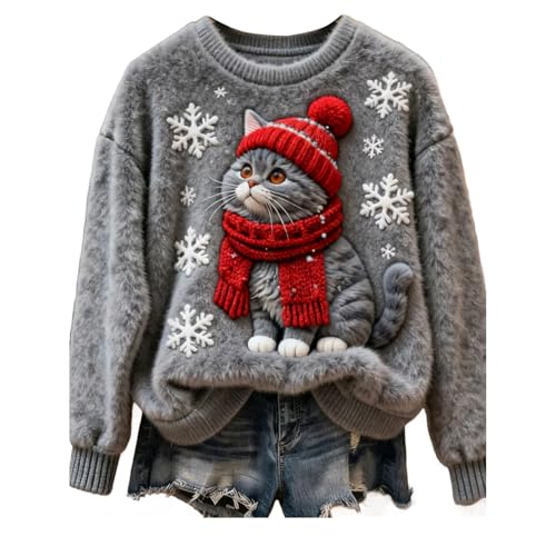 Damen Weihnachten Katze Print Flanell Sweatshirt Xmas Neuheit Niedlich...