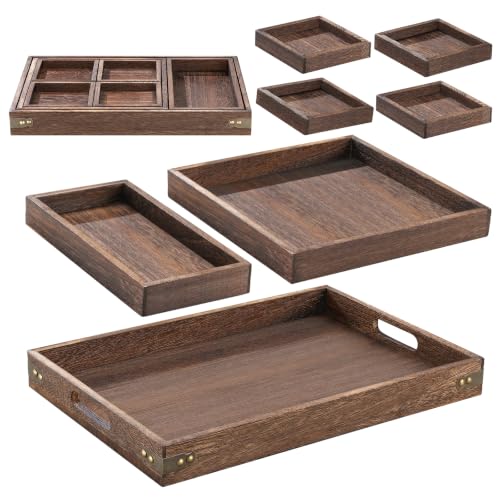 Yangbaga 7pcs Plateau de service en bois de paulownia, avec poignées Plateau rectangulaire pour vaisselle, boissons, petit-déjeuner, plateau de service pour réception de fête…