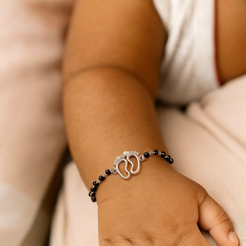 Image of Clara 925 Sterling Silver Baby Nazariya Kids Footprint Bracelet With Black Beads | New Born to 1 Year | Length 5 inch, Adjustable | Gift For Baby Boys and Girls