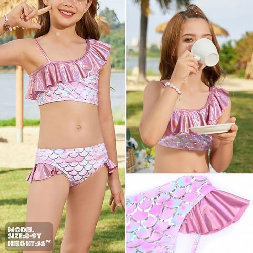 Image of CHILDRENSTAR Girls Metallic Bathing Suits Shiny Ruffles One Shoulder 2 Pieces Swimsuits Cute Bikini Set
