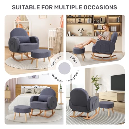 Image of HCHAIRH Nursery Rocking Chair with Footrest, Upholstered Glider Rocker with High Backrest and Side Pocket, Rocking Accent Armchair with Solid Wood Legs for Nursery, Living Room, Bedroom Dark Grey