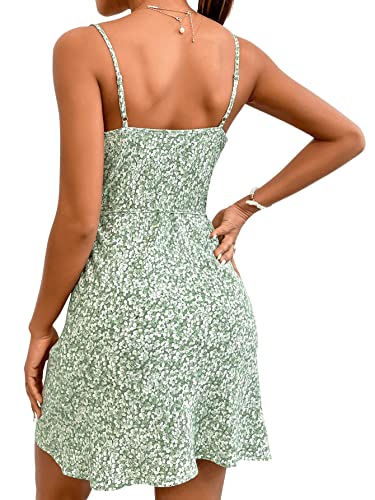 Sweatyrocks Women's Ditsy Floral Sleeveless Spaghetti Strap Cowl Neck Cami Dress Draped Belted Boho Summer Short Dresses Green M #TOP1